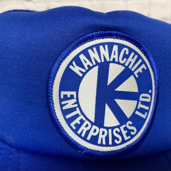 Vintage Trucker Hat Mesh Cap Snapback Blue KANNACHIE Enterprises Patch Logo 80s - Picture 6 of 8